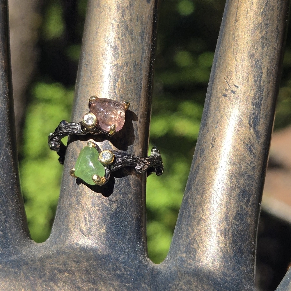 Tourmaline & Topaz Natural Gemstone Sterling Rhodium & Gold Ring Sz9 Adjustable - Picture 4 of 11